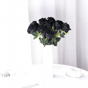 Set de 10 trandafiri artificiali Hawesome, matase/plastic, negru/verde, 54 cm - Img 3