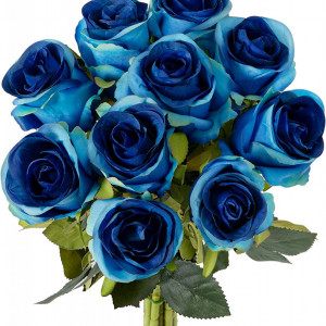 Set de 10 trandafiri artificiali Hawesome, matase/plastic, verde/albastru inchis, 54 cm - Img 1