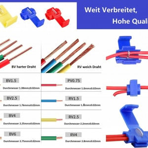 Set de 100 conectori terminali pentru cabluri auto Shentian, albastru/rosu/galben, plastic/cupru - Img 4