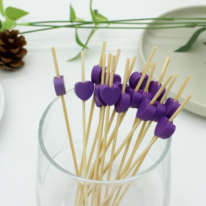 Set de 100 scobitori cu inimi, bambus, violet, 12 cm