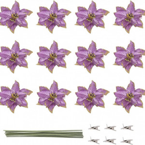 Set de 12 flori artificiale de Craciun NOVELTY GIFTS1, textil, mov, 13 cm - Img 8