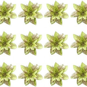 Set de 12 flori de Craciun Anyingkai, plastic, verde/auriu, 14 cm - Img 1
