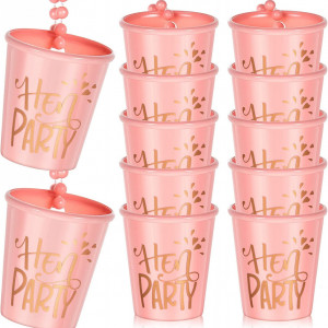 Set de 12 pahare cu colier de margele pentru nunta Herdear, plastic, roz, 5,7x 5,1 x 3,5 cm