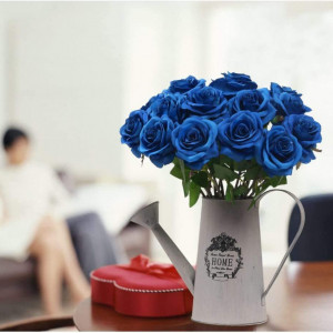 Set de 12 trandafiri artificiali Hawesome, matase/plastic, albastru/verde, 52 x 7 cm - Img 4