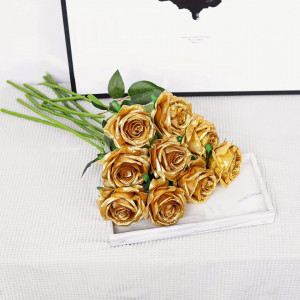 Set de 12 trandafiri artificiali Hawesome, matase/plastic, auriu/verde, 52 x 7 cm - Img 3