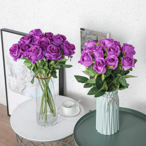 Set de 12 trandafiri artificiali Hawesome, matase/plastic, violet/verde, 52 x 7 cm - Img 7