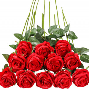 Set de 12 trandafiri artificiali YiYa, plastic/matase/metal, rosu, 45 cm
