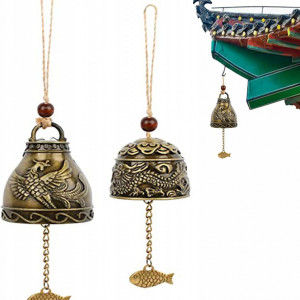 Set de 2 clopote de vant Feng Shui Pwsap, dragon, cupru, bronz, 18/ 23 cm