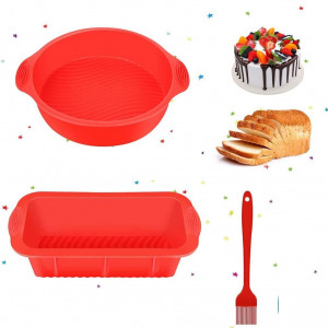 Set de 2 forme pentru prajituri si o pensula SIMUER, silicon, rosu