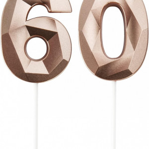 Set de 2 lumanari pentru aniversare 60 ani PARTY GO, model diamant, ceara, rose gold, 7 cm