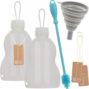 Set de 2 recipiente pentru laptele matern cu palnie si perie de curatare Kidüy, silicon, alb/gri/albastru, 250 ml - Img 6