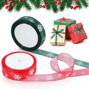 Set de 2 role de panglica pentru Craciun Geosar, rosu/verde, organza, 10 m x 2 cm 
