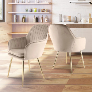 Set de 2 scaune tapitate Taraji, catifea/metal/lemn, taupe/auriu, 83,5 x 55 x 40,5 cm