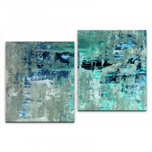 Set de 2 tablouri Sinus, panza/lemn, albastru, 60 x 70 cm