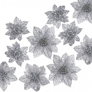 Set de 24 flori artificiale de Craciun Naler, plastic, argintiu, 8 / 10 /15 cm - Img 1