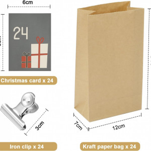 Set de 24 pungi cu autocolante si clipsuri pentru calendar de advent DazSpirit, hartie, metal, maro, 21,5 x 12 x 7 cm 