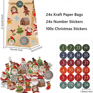 Set de 24 pungi si 124 stickere pentru calendarul de advent Tenwo, hartie/PVC, multicolor, 13 x 8 x 21,5 cm