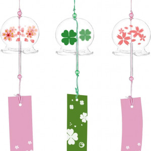 Set de 3 clopotei de vant Tuxuzal, sticla, verde/roz, 40 cm 
