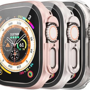 Set de 3 huse Mugust, compatibile cu Apple Watch Ultra 49 mm, roz/transparent/crem