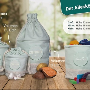 Set de 3 saci pentru depozitare Glückstoff®, iuta/bumbac, verde menta/alb