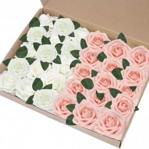 Set de 30 trandafiri artificiali EQLEF, spuma, fildes/roz, 28,5 x 20 cm