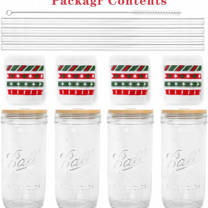 Set de 4 cani de cafea cu capac si manson pentru Craciun ANOTION , sticla/bambus/textil, multicolor, 8 x 18 cm - Img 2