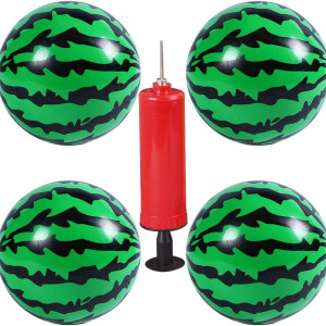 Set de 4 mingi pentru plaja cu pompa BESTZY, PVC, verde/negru/rosu, 20 cm