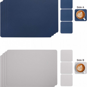 Set de 4 naproane si 4 coastere Myir JUN, piele, albastru/gri, 30 x 43 cm / 10 x 10 cm - Img 6