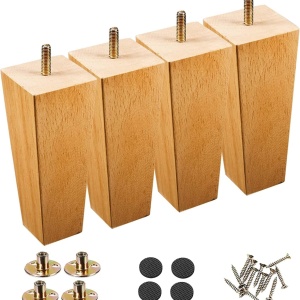 Set de 4 picioare pentru mobilier Hanmfei, lemn masiv/metal, natur, 12,5 x 6 cm 