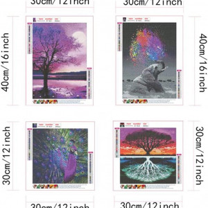 Set de 4 picturi cu diamante 5D DecStore, panza/rasina, multicolor, 30 x 40 cm