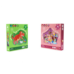 Set de 4 puzzle-uri cu dinozauri/printese PMGEKLP, 73 piese, carton, multicolor