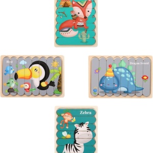 Set de 4 puzzle-uri Goomp, lemn, 8 modele, lemn, multicolor, +3 ani