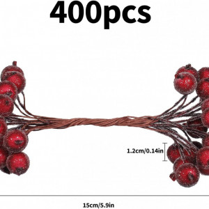 Set de 400 fructe artificiale pentru ornamente de Craciun EKKONG, spuma/fier, rosu, 1,2 cm/ 15 cm - Img 6