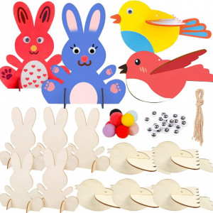 Set de 5 iepuri, 5 pasari si accesorii pentru decorat Yitla, lemn/plastic/textil, multicolor