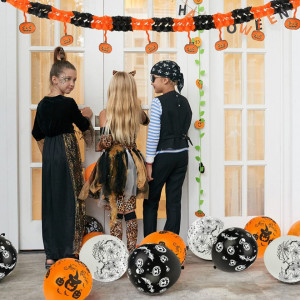 Set de 6 ghirlande si 12 baloane pentru Halloween Koogel, alb/negru/portocaliu, hartie/latex