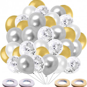 Set de 60 baloane si 4 role de panglica Elion, alb/argintiu/auriu, latex, 30 cm