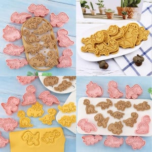 Set de 8 forme pentru biscuiti YGCHEN, tematica dinozauri, plastic, roz, 4-6,5 cm - Img 2