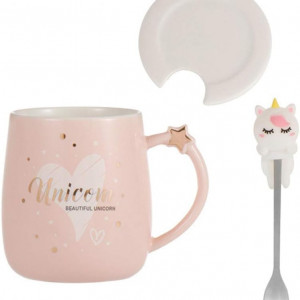 Set de cana cu lingurita si capac Binoster, model unicorn, roz, ceramica, 380 ml, 12,4 x 9,8 x 7,7 cm