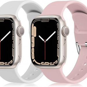 Set de doua bratari pentru Apple Watch Chinbersky, silicon, alb/roz, 42/44/45 mm