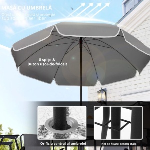 Set de gradina 6 piese, masa rotunda Ø80 cm, 4 scaune pliabile, umbrela Ø180 cm, blat sticla securizata, otel acoperit cu pulbere, textilina 530gsm, gri si negru - Verificat A · Re-Bloom - Img 4