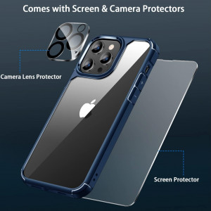 Set de husa cu folii de ecran si camera compatibil cu iPhone 14 Pro Max Amizee, TPU/sticla securizata, albastru/transparent, 6,7 inchi - Img 2