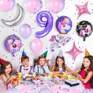 Set de petrecere pentru 9 ani Colmanda, latex/folie, model unicorn, multicolor, 32 piese - Img 5
