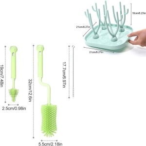 Set de suport pentru uscare si perii de curatare biberoane Kiuiom ABS/PP/silicon, albastru/verde