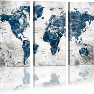 Set de tablouri KEKEMONO, 3 piese, model harta lumii, panza, gri/albastru inchis, 40 x 80 cm