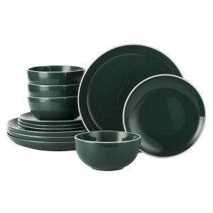 Set de vase Borlow Halo, ceramica, verde inchis/alb, 12 piese