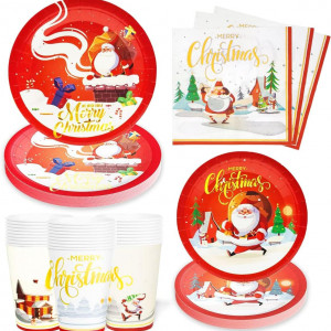 Set de vesela pentru Craciun AinDen, hartie, multicolor, 24 persoane