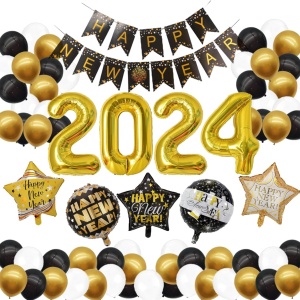 Set decoratiuni pentru revelion LyximGss, anul 2024, folie/hartie/latex, negru/alb/auriu, 67 piese