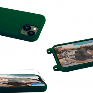 Set husa cu snur si 2 folii de protectie pentru iPhone 13 Gumo-Long, poliester/TPU, verde inchis/transparent, 6,1 inchi