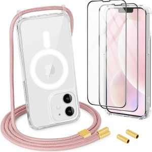 Set husa cu snur si 2 folii pentru iPhone 12 Mini DiDaDi, polipropilena/silicon/sticla, roz/transparent, 5,4 inchi