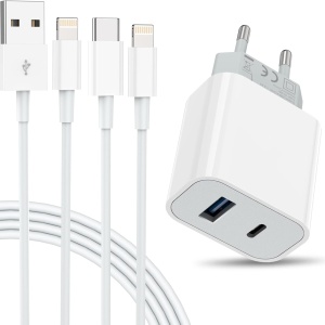 Set incarcator si 2 cabluri USB C si Lightning Everdigi, ABS/PC, alb, 32W, 1 m